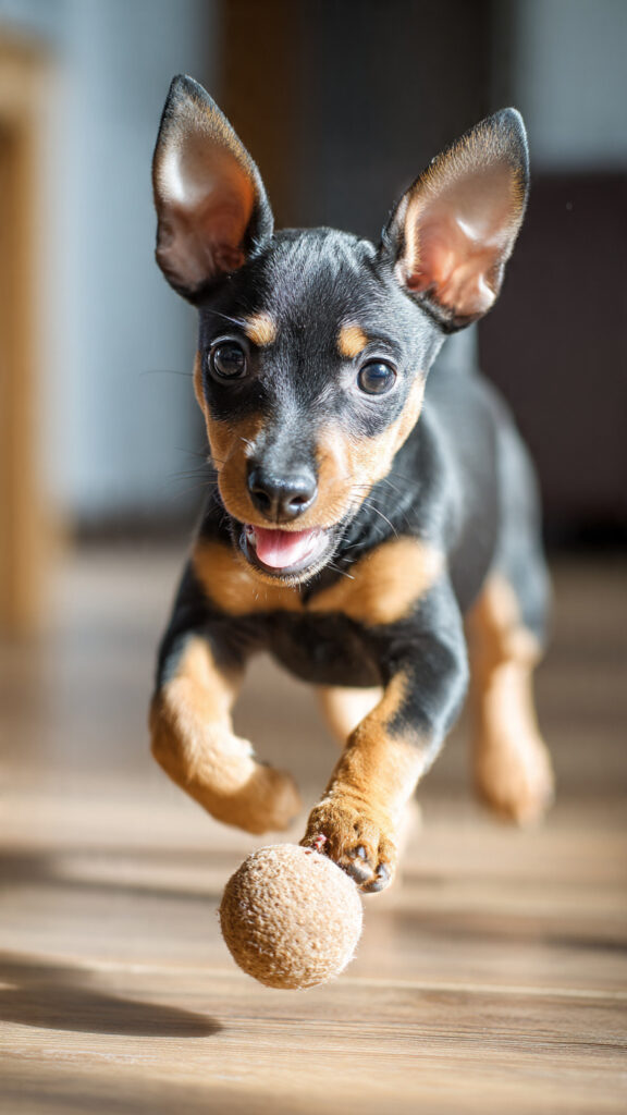 miniature pinscher puppy playing indoors